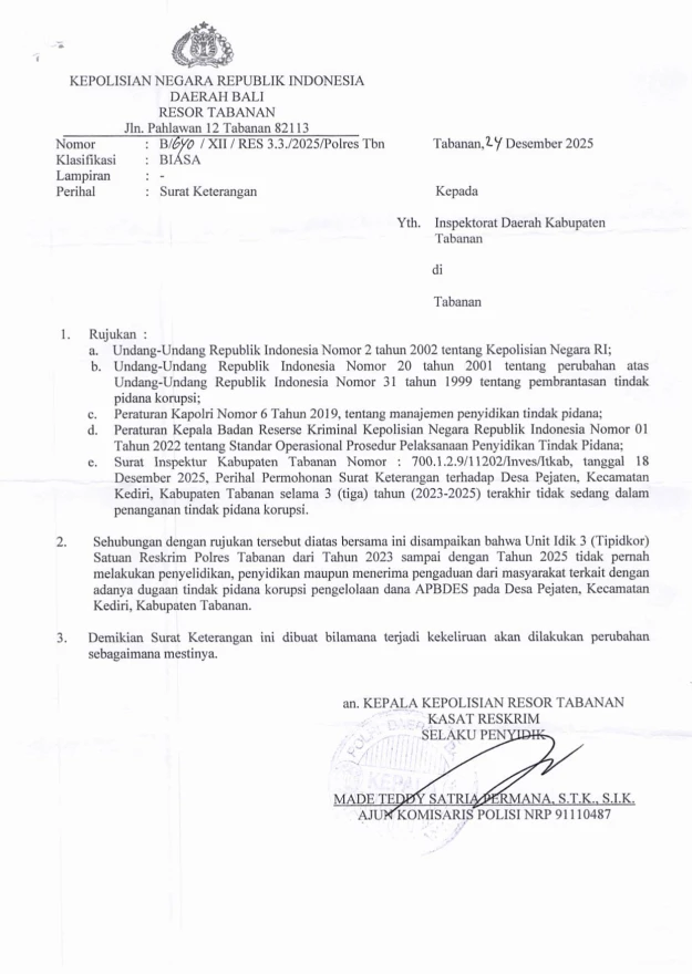 Keterangan dari APH berdasarkan surat permohonan dari PEMKAB