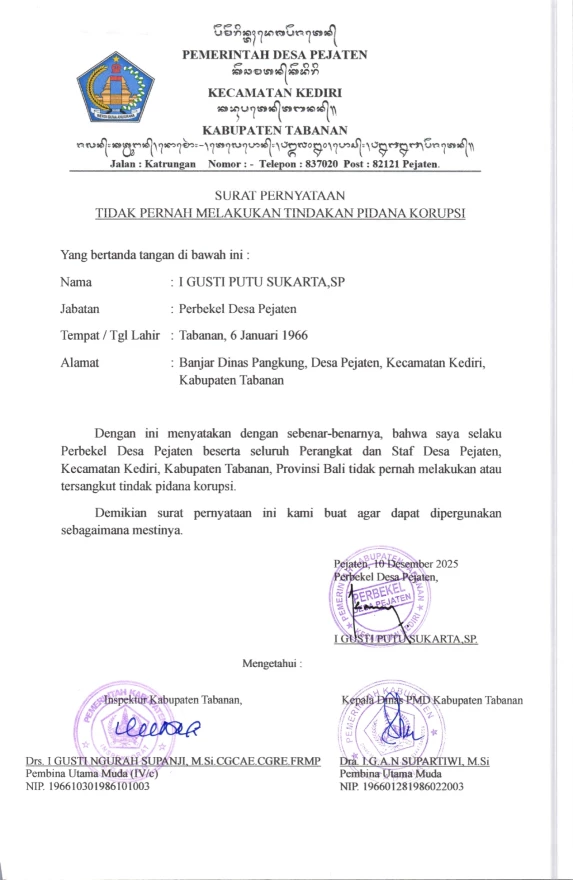 Pernyataan oleh perbekel bersama inspektorat kab. kadisPMD KAB