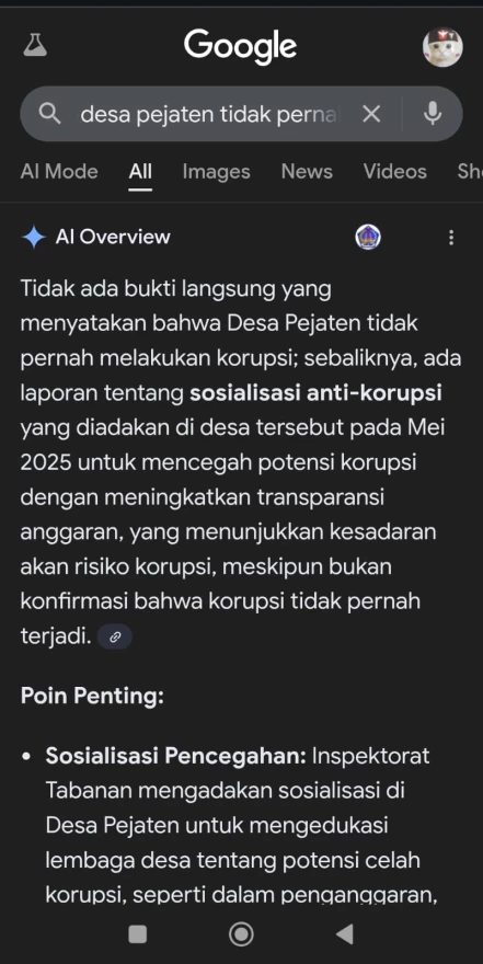 Screenshot Hasil Penelusuran Google Bahwa Desa Pejaten Tidak ada Kasus Korupsi