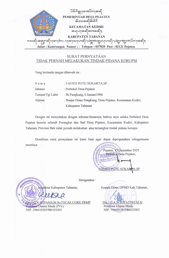 Pernyataan oleh perbekel bersama inspektorat kab. kadisPMD KAB.